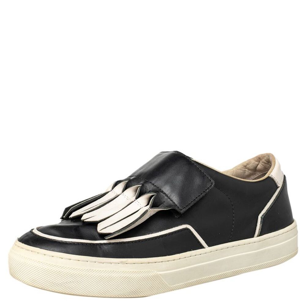 Tod's Black/white Leather Fringe Detail Slip On Sneakers Size 37